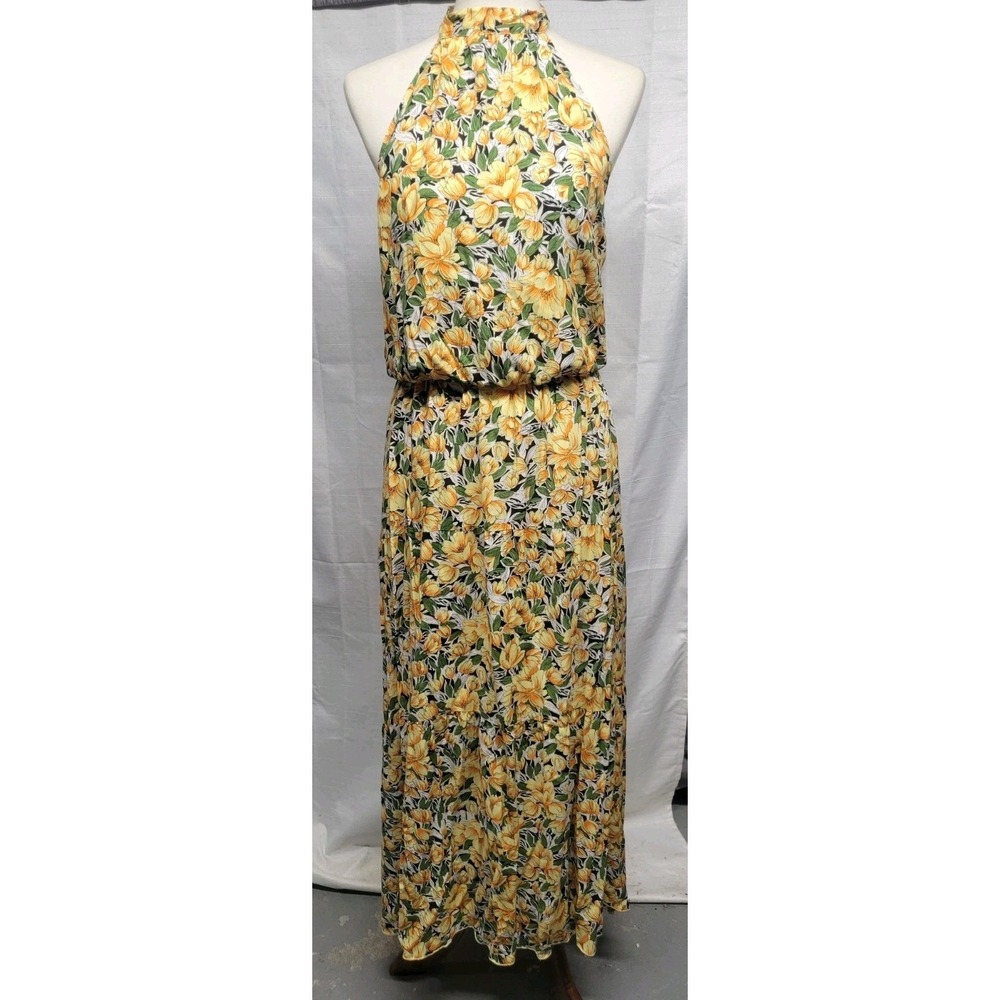NWT Boho Halter Open Back Maxi Dress Elastic Waist Cotton L Ecowish Resort Wear